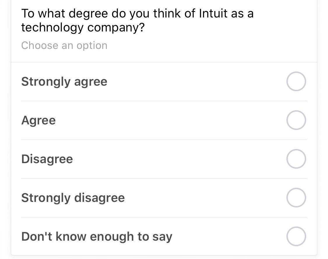 Survey: To what degree do you think of Intuit as a technology company? Response scale: strongly agree to strongly disagree.