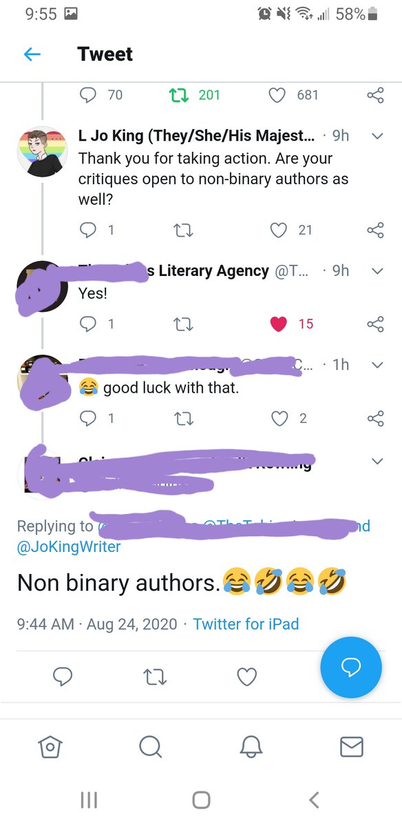 ProbablyJustJo's tweet photo. TW:transphobia #writingcommunity #writelgtbq @ literary professionals against TERFs. 

This is the response I got when I asked *the agency* if they'd take non-binary querys.

#PitMad #pitchwars is coming up. Can we prove them wrong?? 
#supporttransauthors #supportnonbinaryauthors https://t.co/HnYX8SB7fn