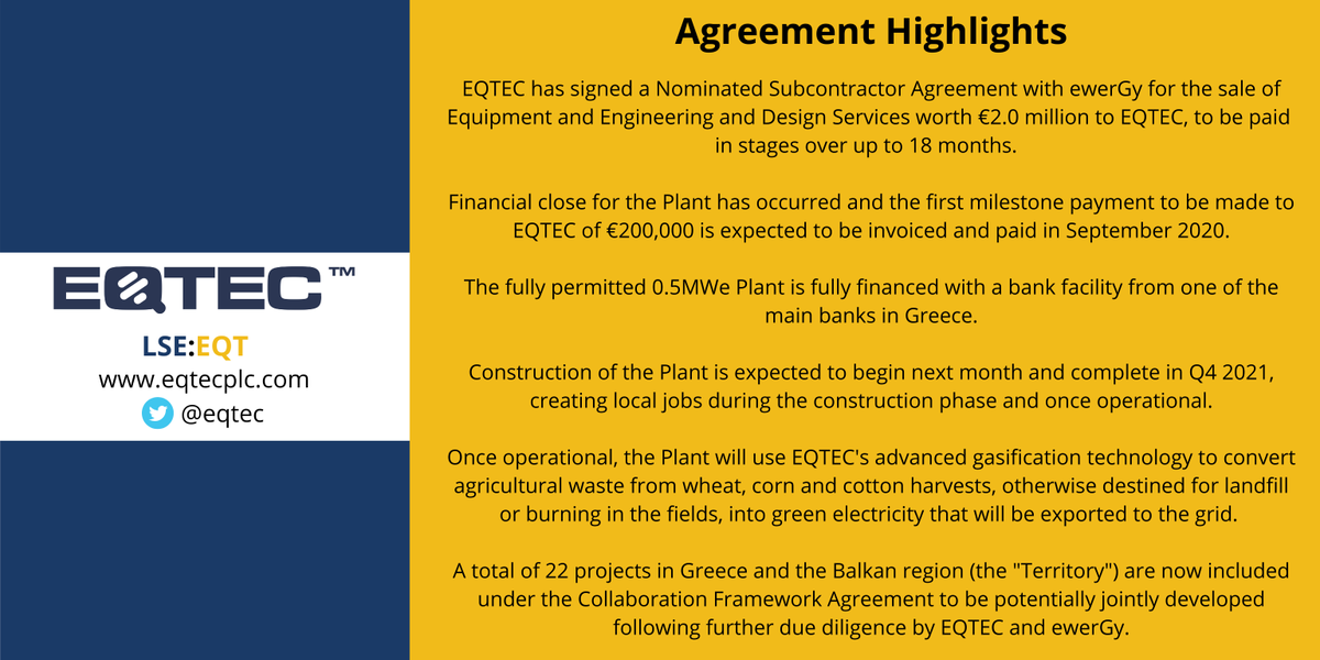 eqtec's tweet photo. FINANCIAL CLOSE &amp; SIGNING OF CONTRACT WITH EWERGY
The contract is in respect of the fully permitted and fully financed 0.5MWe waste gasification project in Larissa, in central Greece
#RNS #Gasification #EfW #CleanEnergy #CircularEconomy 
https://t.co/TuRWn2hWzT https://t.co/uMwchbj4rZ