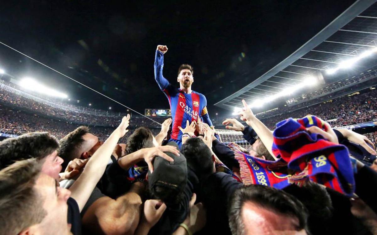 One of the most if not the most iconic picture of Lionel Messi after a historical remontada against PSG in the Champions League.