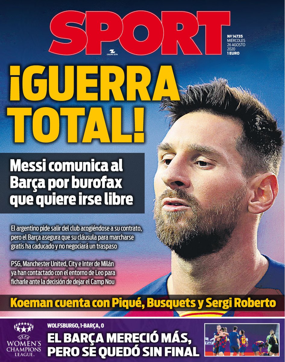 Today's front pages in Spain:Marca: "The bomb has gone off: "I WANT TO LEAVE BARCELONA""AS: "Farewell by burofax"Mundo Deportivo: "Messi bomb: HE WANTS TO LEAVE""Sport: "Complete war"It's a day and a new dawn in Spanish football