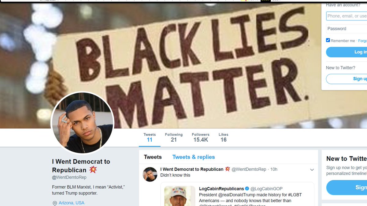 [Thread] 1/ Twitter have suspended what looks like a fake BLM account that claimed to have seen the error of his ways and become a republican. The account "@WentDemToRepu" (subtle) was created in August 2020 and already had 15000+ followers. The account was suspended after Tweeps