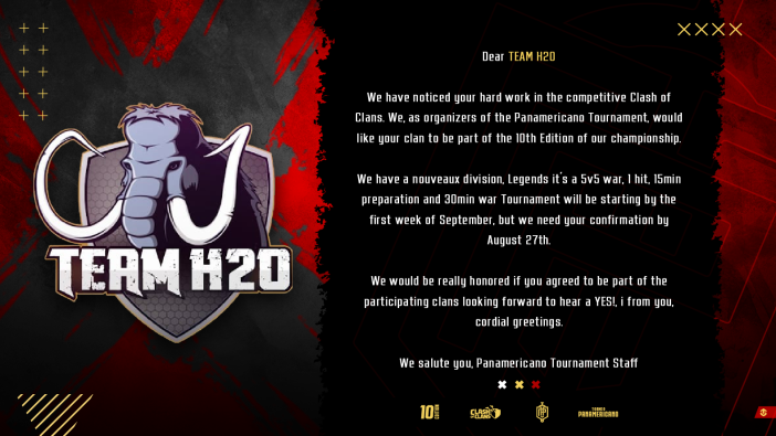 Thanks for the invitation <a href="/CocTorneo/">Torneo Panamericano COC</a> .. We will be happy to compete in this