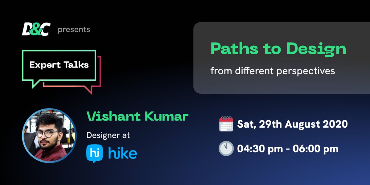 design_n_code's tweet image. Ready to get your questions answered for when, where &amp;amp; how to start your #design journey?

This time on Expert Talks by D&amp;amp;C we have @vishantkk, Designer at @hikeapp to help you get your answers. 

👉 Link to the Event: bit.ly/2Yy5MxZ

#uiux #talk