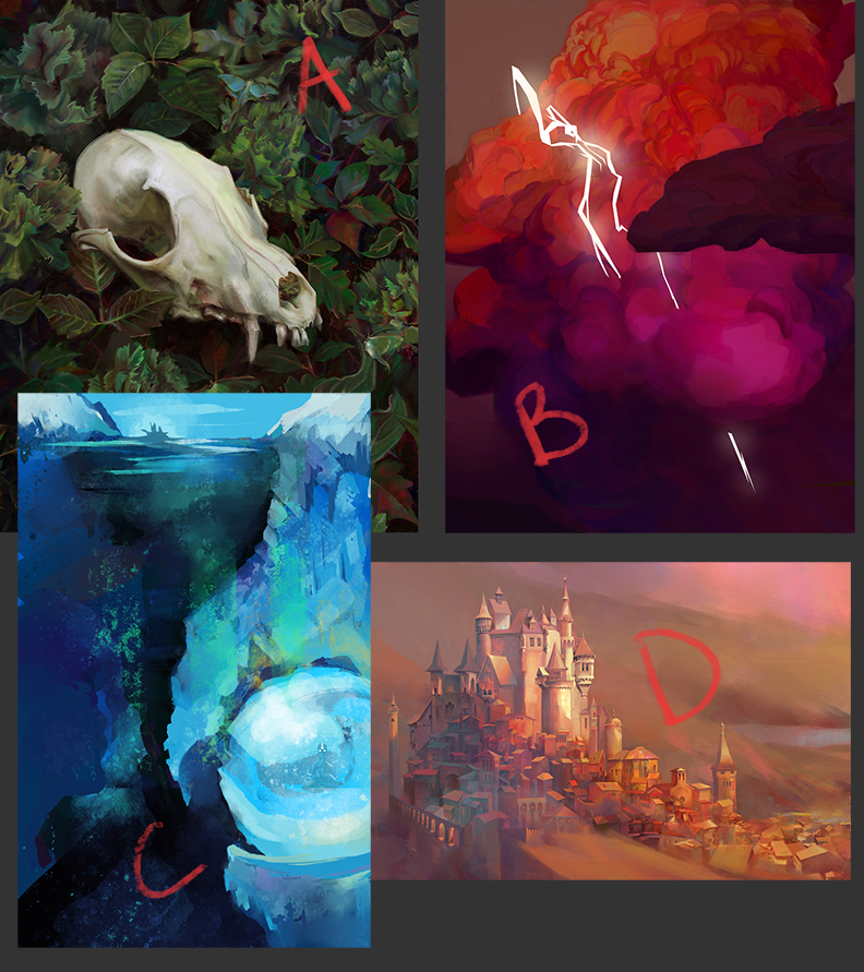 (5) The Mockup. I start with colors first, with only a guess on which skull pose I will use. The mood and composition has to match up well, and color is the foundation. I collaged my art for this- I labeled it so you can see the contributions. VERY FUN stage.