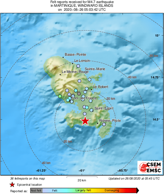 Map of felt reports received so far following the earthquake M4.7 in