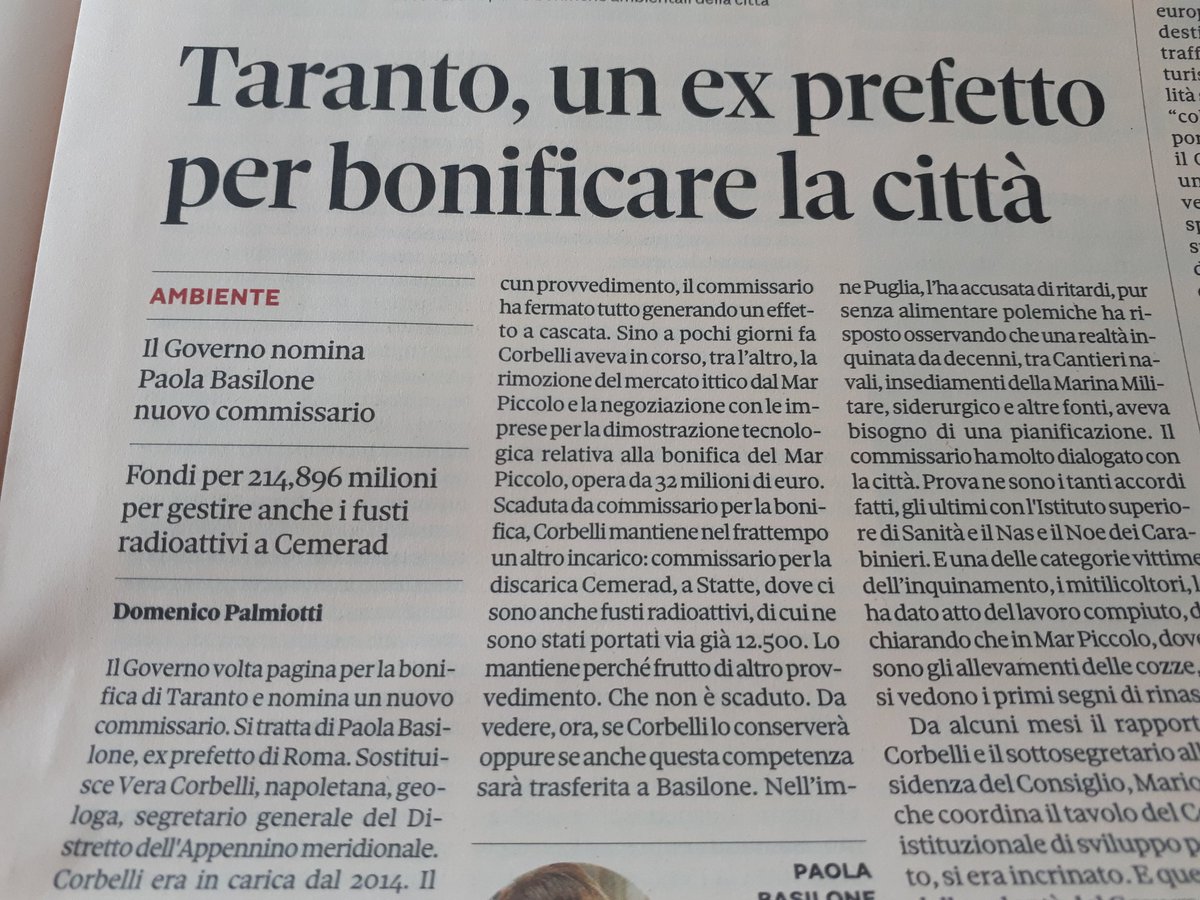 palmiottid's tweet photo. #taranto #ambiente #bonifica #inquinamento il #26Agosto sul @sole24ore #paolabasilone ex prefetto #Roma commissario a #Taranto secondo fonti #governo provvedimento firmato ma si attende #placet @CorteContiPress dove ora é #basilone @minambienteIT @SergioCosta_min @SPatuanelli https://t.co/jdqreP5Zxe