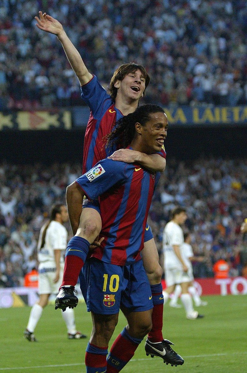 In 2005, Messi celebrates his first goal with a beautiful assist from his idol, Ronaldinho. The Camp Nou roared its approval, not just because of the ingenuity of the move but because a star was born.