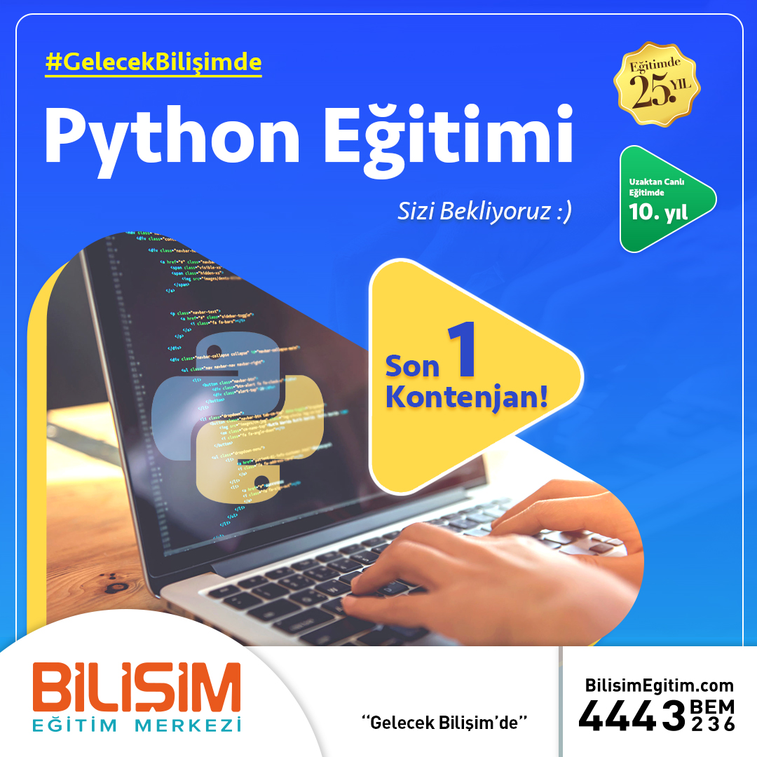 Bilisim_Egitim's tweet image. Python Kodlama Eğitimi Başlıyor! Son 1 Kontenjan!
Hemen Başvurun!
👉Detaylı bilgi ve iletişim için;
bit.ly/3gvIYoK 0216 346 26 06

#bilişimegitim #bilişimeğitimmerkezi #python #pythonkursu #pythonegitimi #yazılım #yazılımegitimi #gelecekbilisimde