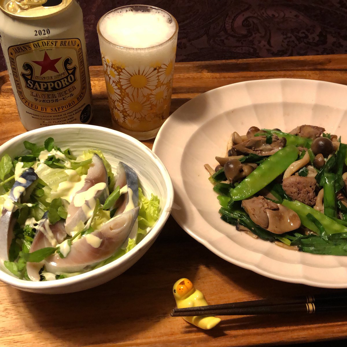 にらレバー炒め
しめさばのサラダ(カルパッチョソース)

できた！

いただきまーす(^-^)