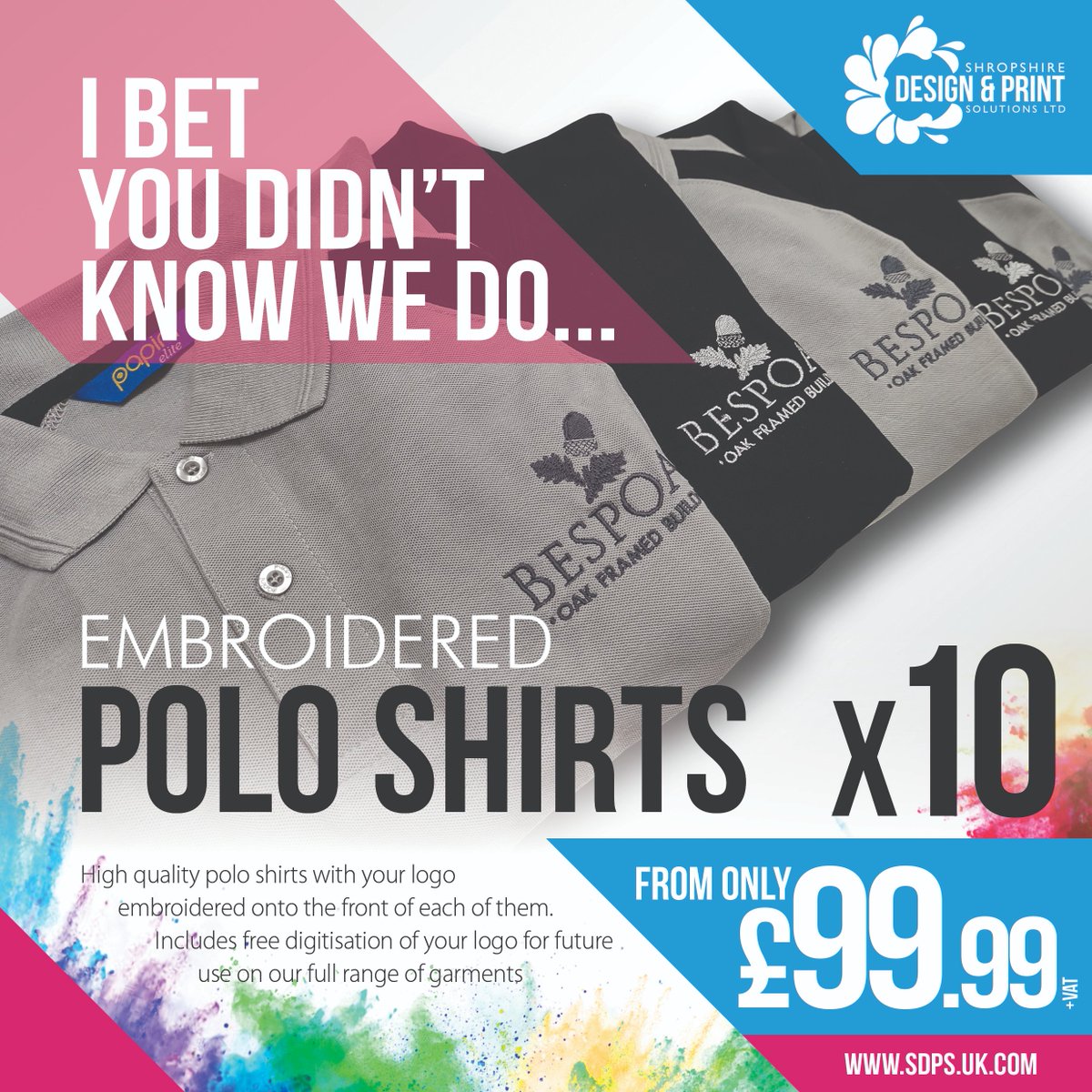 We are very excited as our new multi head embroidery machine arrives today and we are extending our offer,
so if you are looking for some new work-wear for your company then look no further we are offering 10 Polo shirts with your company logo for only £99.99 + Vat.