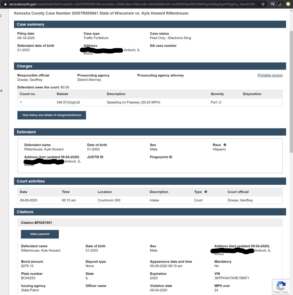 This Kenosha County Court record about Kyle speeding on a freeway from a few days ago further confirms some of the information I have posted.