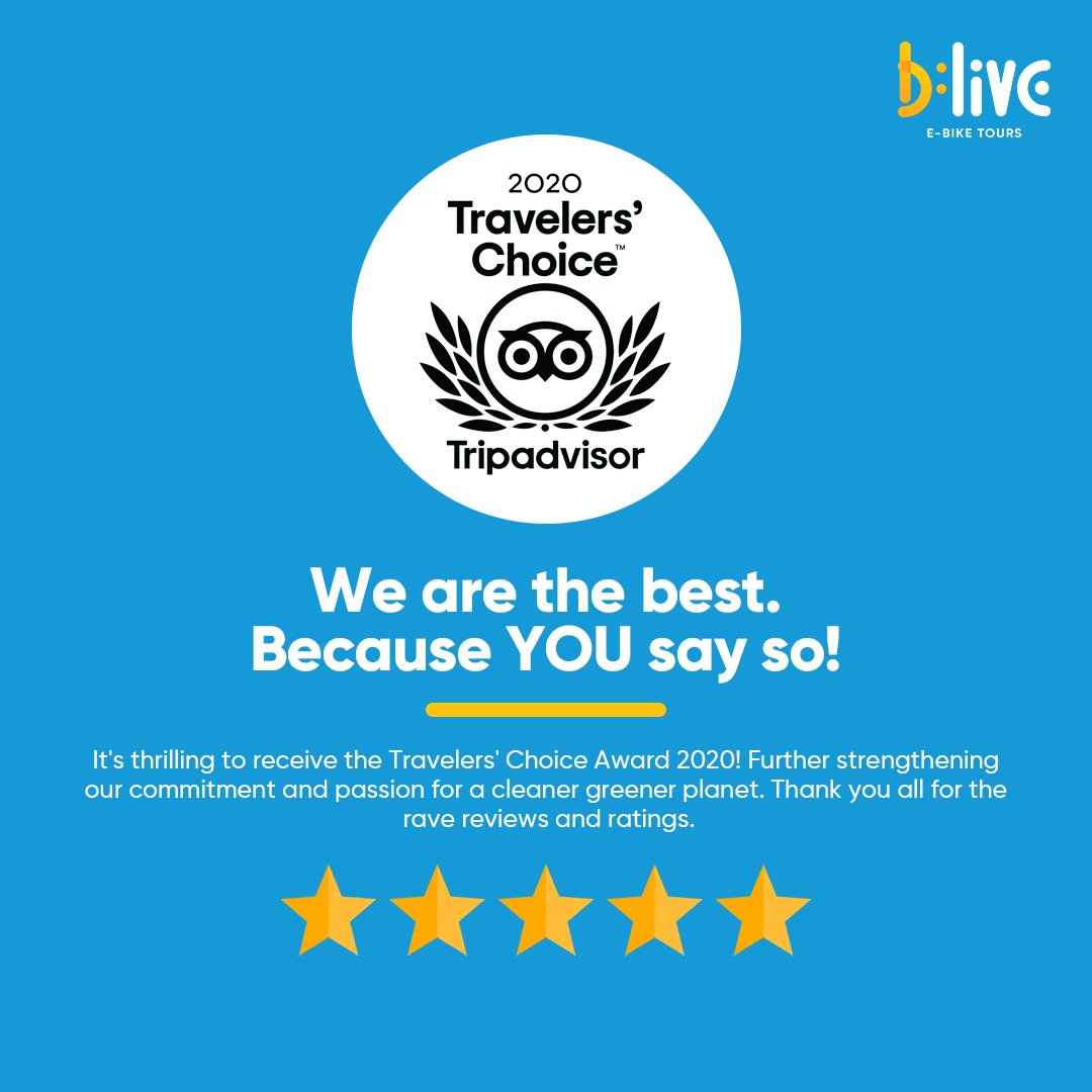 letsblive's tweet photo. We're thrilled to have been conferred with the 2020 Travelers' Choice Award by Tripadvisor! Thank you for all the rave reviews and ratings 💛

To learn more about our award-winning experiences visit https://t.co/Er9jCbpHQa
.
#blive #sustainabletourism #revivetourism @TripAdvisor https://t.co/2zGLWIiZUg