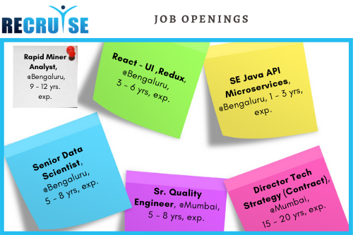 recruise's tweet image. Are you on a quest for a job changeover? If you are an expert in your skills check out our latest #jobopportunities and find out what skills employers prefer at zcu.io/A5Uy #RapidMinerAnalyst #ReactUIDeveloper #SeniorDataScientist