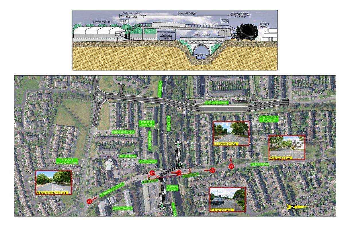 At Coolmine, a new road bridge over the railway line and canal to the west and a new pedestrian and cycle bridge over the existing level crossing is proposed.