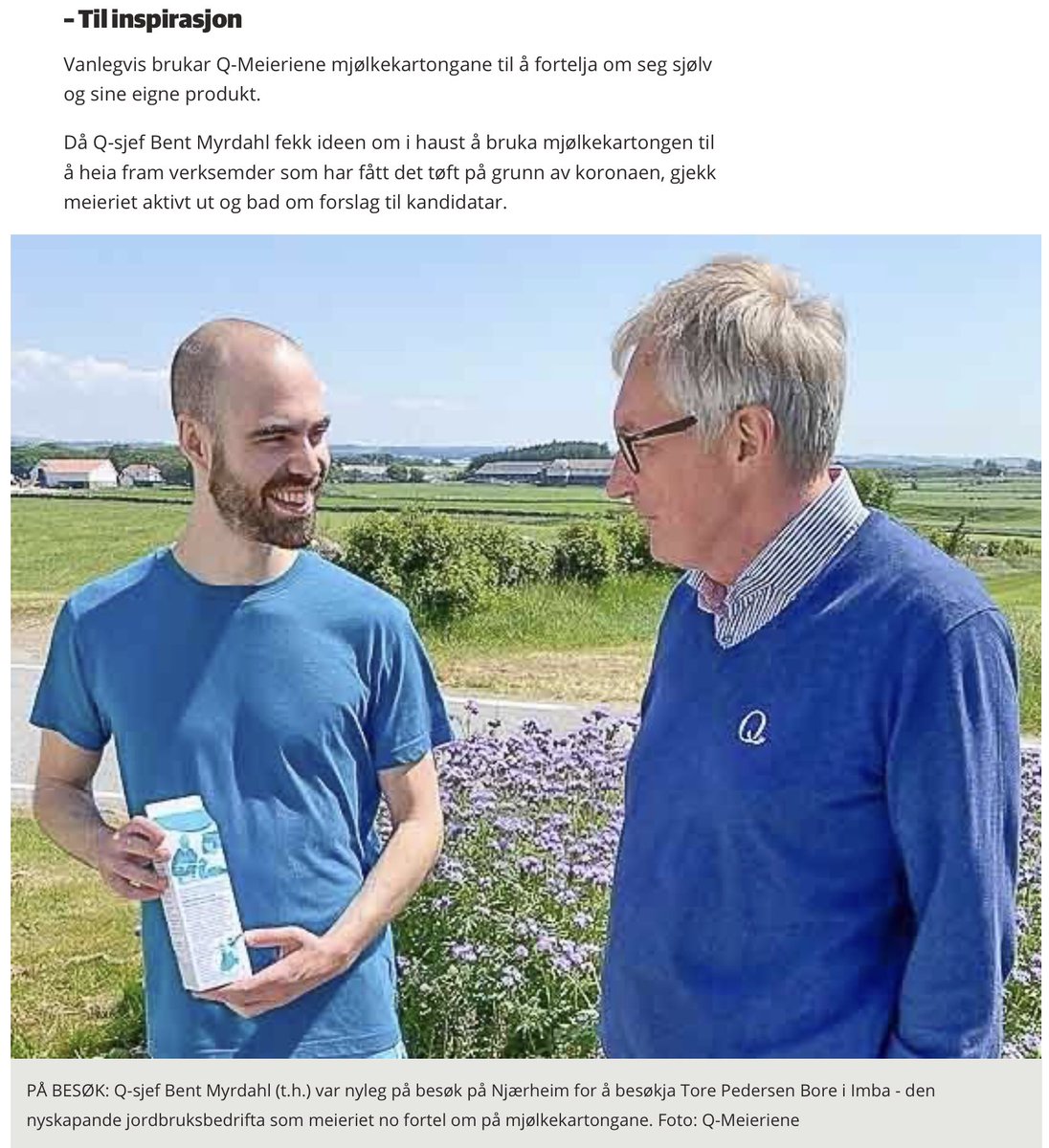 Mange bedrifter sliter med å komme i gang pga Covid-19. I Q tenkte vi derfor at vi bør forsøke å hjelpe hverandre. Vår skjerv er å annonsere på melkekartongen for noen som trenger litt «starthjelp». <a href="/erna_solberg/">Erna Solberg</a>