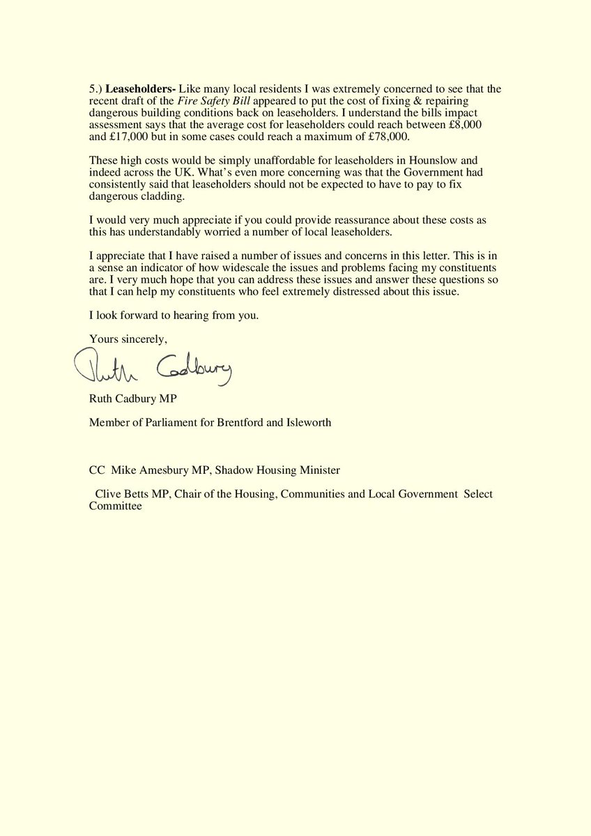 RuthCadbury's tweet photo. Today I have written to @RobertJenrick to raise a number of serious concerns &amp; questions about cladding removal, the delays in EWS1 surveys &amp; fire safety. 

In the last few weeks &amp; months I've had more &amp; more local residents contact me about these issues... 1/3 https://t.co/mC9yHVX6hy