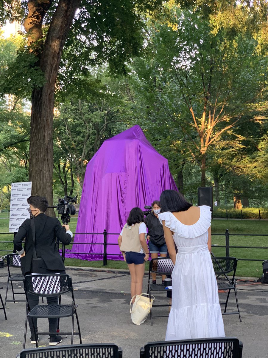 The new monument, which is the first to depict non-fiction women in Central Park’s 167 year history, is under the purple sheet ahead of its unveiling.