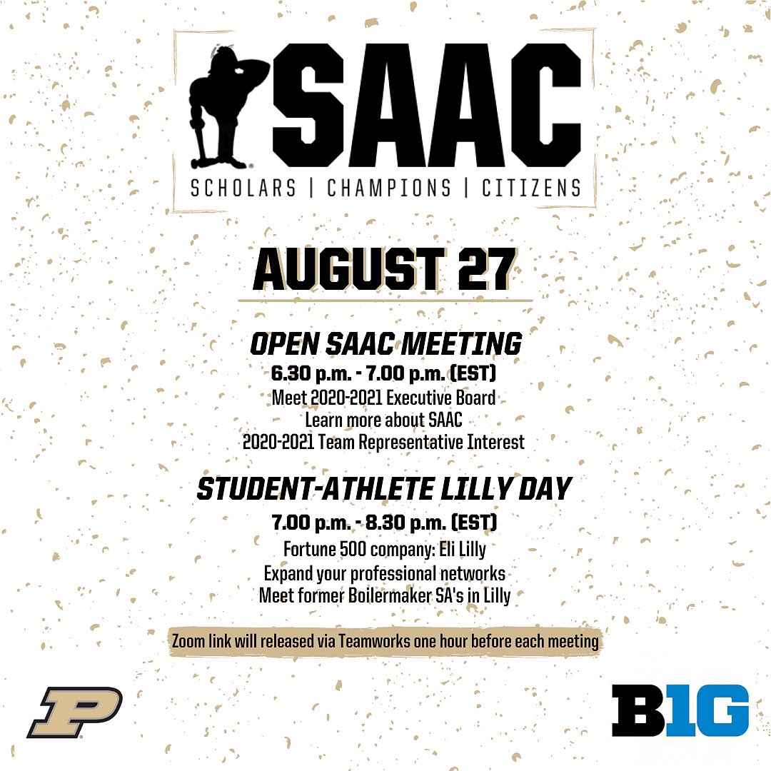 Happy Wednesday, Boilers!

Join us *virtually* tomorrow, 8.27 for our OPEN SAAC meeting with the Student-Athlete Lilly Day immediately following🚂 Bring a teammate !!! #INVESTinYOU #BoilersBack2020