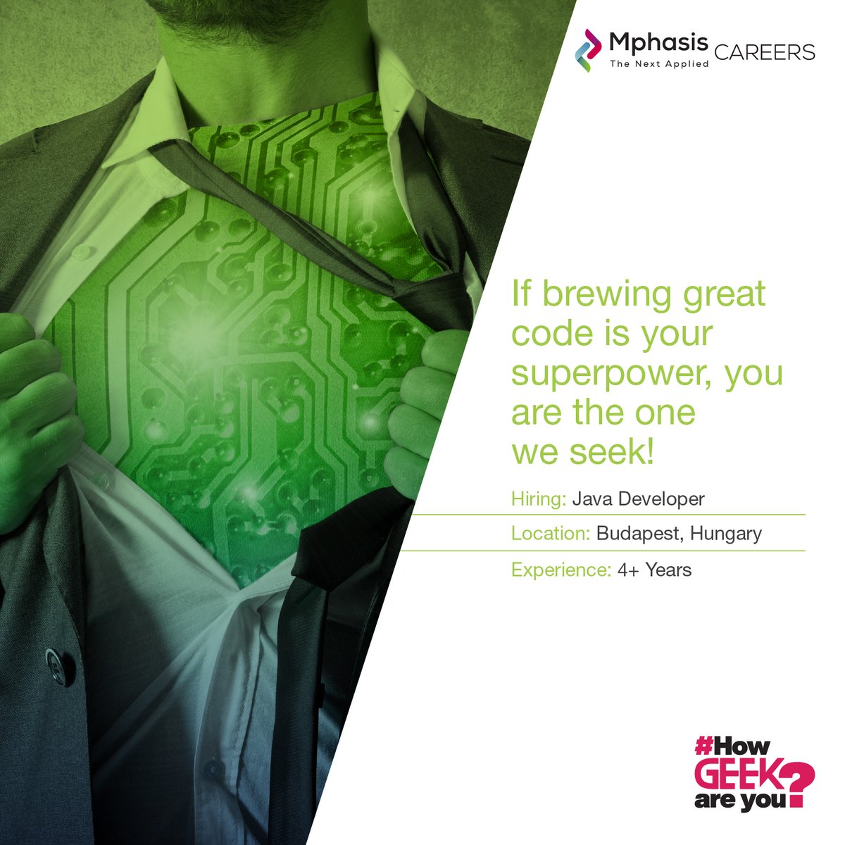 MphasisCareers's tweet image. We are looking for Java developers with hands-on experience using the TDD cycle and a good understanding of SOLID application to join our Budapest team. If you or anyone you know fits the bill, apply now: bit.ly/Java_programmi…
#MphasisCareers #HowGeekAreYou #JavaCareers