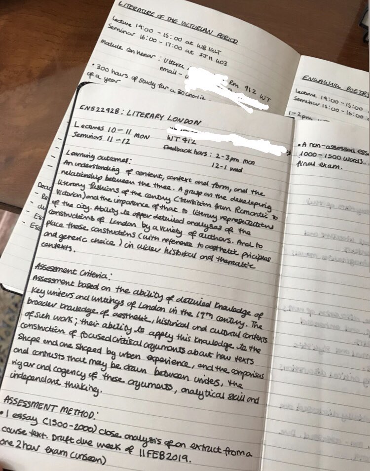 I used these black hardback notebooks for lecture and seminar notes, to do lists, key info etc and I use 1 to 2 per academic year. In the first few pages I would write all the key info for each module I was taking (lecturer names censored for privacy).