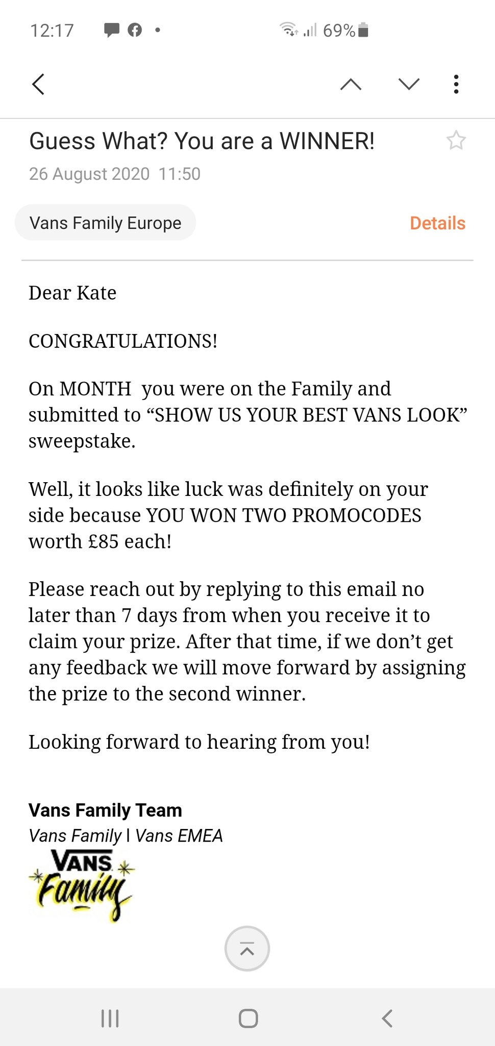 VANS Europe Twitter: "@MchughKate Hey Kate! Yes this looks real to me! Congratulations on winning! If you'd like to send me exact email address it sent from I can