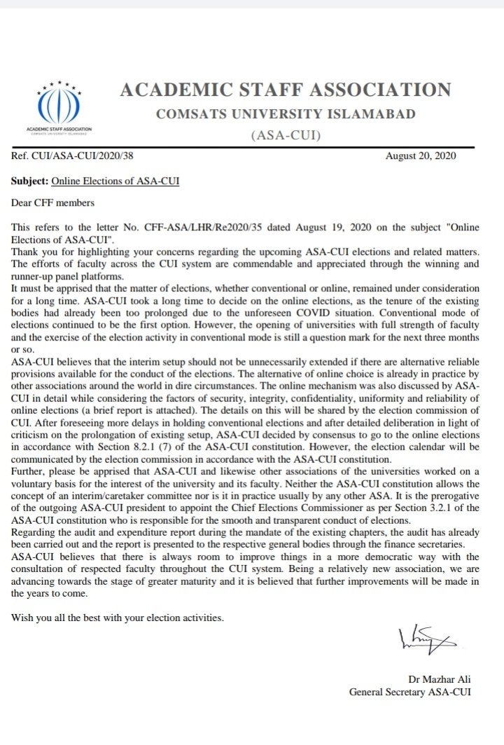 COMSATSFForum's tweet photo. Attached are the The concerns of 
#COMSATSfacultyForum to the central council and the reply of central ASA we got.  All faculty members from #CUI_LahoreCampus plz see both of the letters and share your opinion. https://t.co/Imss77oym6