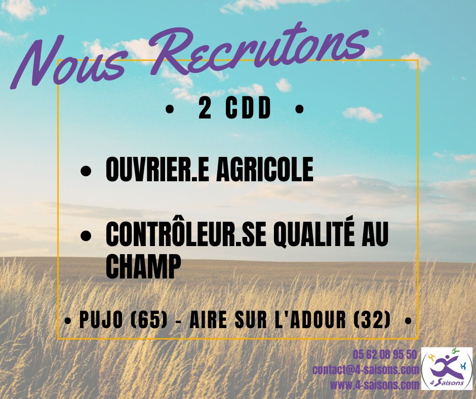 👋 2 nouvelles offres d’emploi à saisir ! 
📍 Ouvrier.e agricole - Pujo 👉 bit.ly/2YBUUiz
📍 contrôleur.se qualité au champ - Aire sur l'Adour  👉 bit.ly/3jjf9cX
À vous de jouer !
#recrutement #gers #hautespyrenees #saisonnier #cdd #agriculture