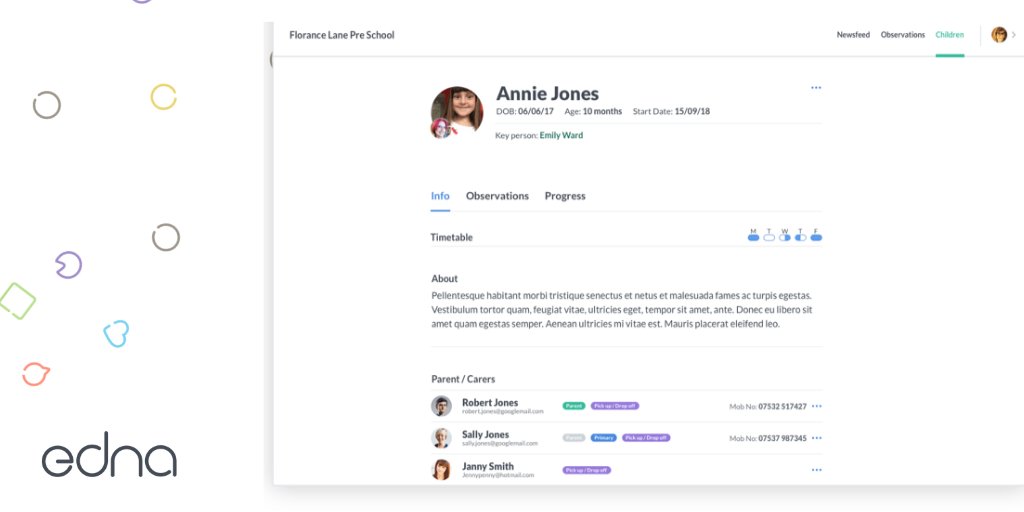 Contact and security is key. Quickly and easily see contact information for parents and carers right from the child's profile page. You can also easily assign and see if a carer is a parent, a primary contact or authorised for pick ups and drop offs.

ednaapp.com