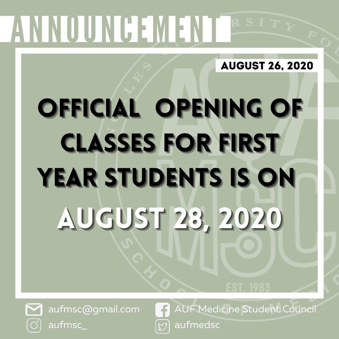 aufmedsc's tweet photo. ANNOUNCEMENT❗️

Are you ready, Angelenean medicine freshmen? 2 days to go and you're officially medical students. 

Don't forget to join the orientation on time and always use your AUF email. 🤍 https://t.co/y5ALXEVvtd