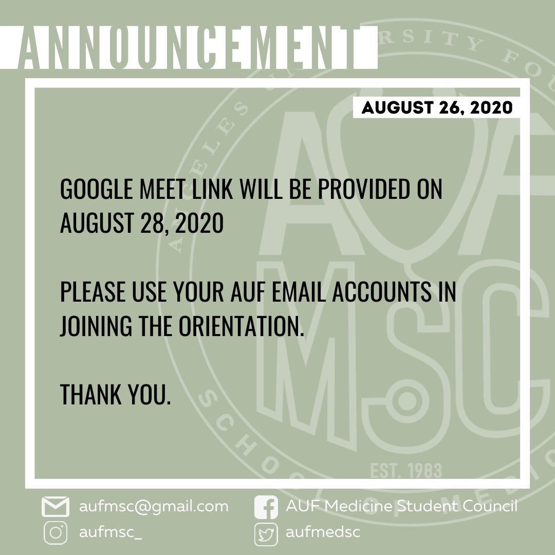 aufmedsc's tweet photo. ANNOUNCEMENT❗️

Are you ready, Angelenean medicine freshmen? 2 days to go and you're officially medical students. 

Don't forget to join the orientation on time and always use your AUF email. 🤍 https://t.co/y5ALXEVvtd