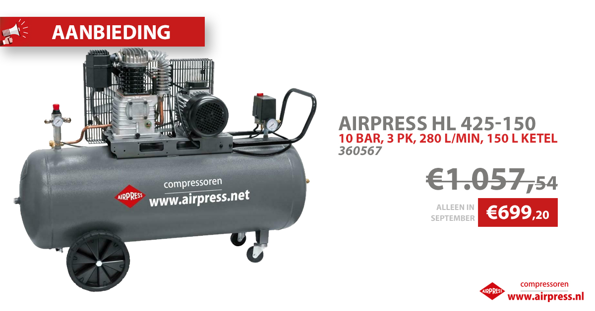 😱 ACTIE, alleen in September!

Tijdelijk de HL 425-150 van Airpress in de aanbieding, bespaar minimaal 20% op de aankoop van jouw compressor!

Deze compressor is 100% geproduceerd binnen de EU, heeft een langzaam draaiende industriële pomp en een jaar extra garantie (3 jaar).