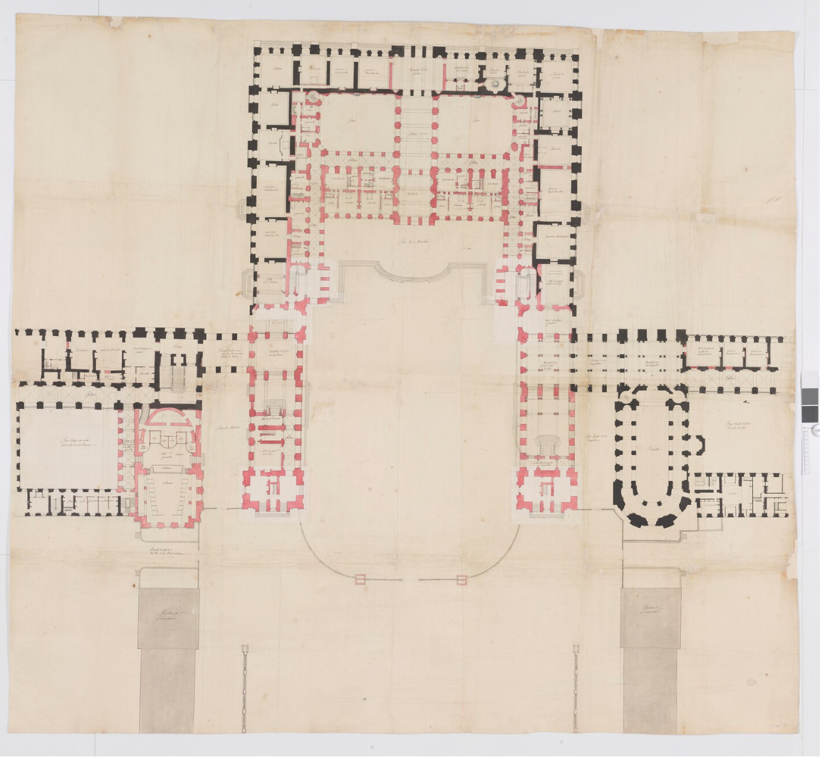 #PlanduJour Quand Louis XV songeait à profondément modifier le <a href="/CVersailles/">Château de Versailles</a> : rez-de-chaussée du Grand Projet d'Ange-Jacques Gabriel, 1743 (en rouge, les nouvelles constructions proposées) #VERSPERA ; dessin conservé aux <a href="/ArchivesnatFr/">Archives nationales de France</a> 

📚➡️…images.chateauversailles-recherche.fr/?query=search=…