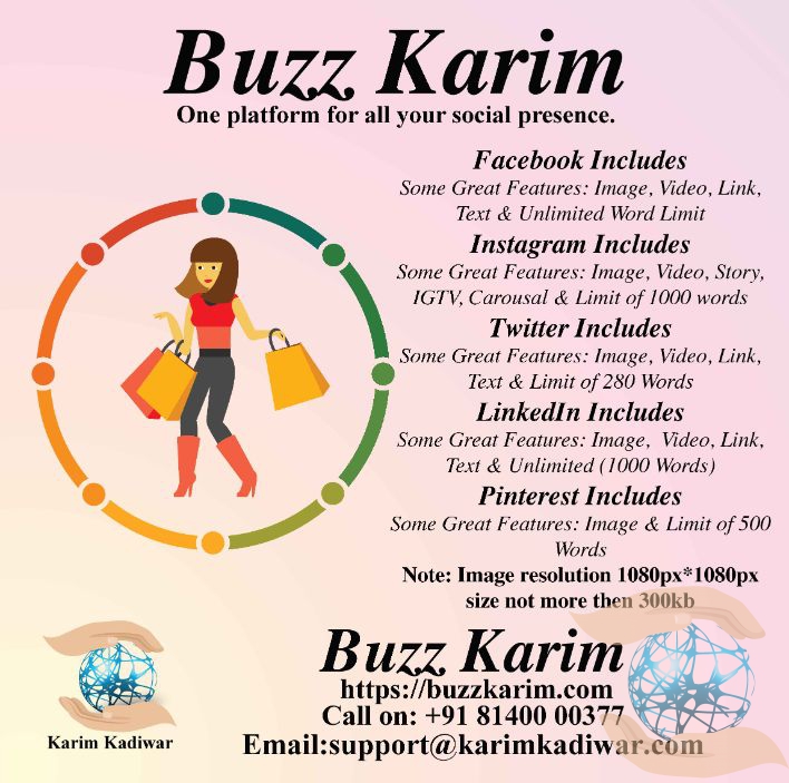 Buzz Karim
You can easily add your social network accounts such as Twitter, Facebook, LinkedIn and Instagram to your Buzz Karim account to get started.
#Buzzkarim #karimkadiwar #thesmsgatway