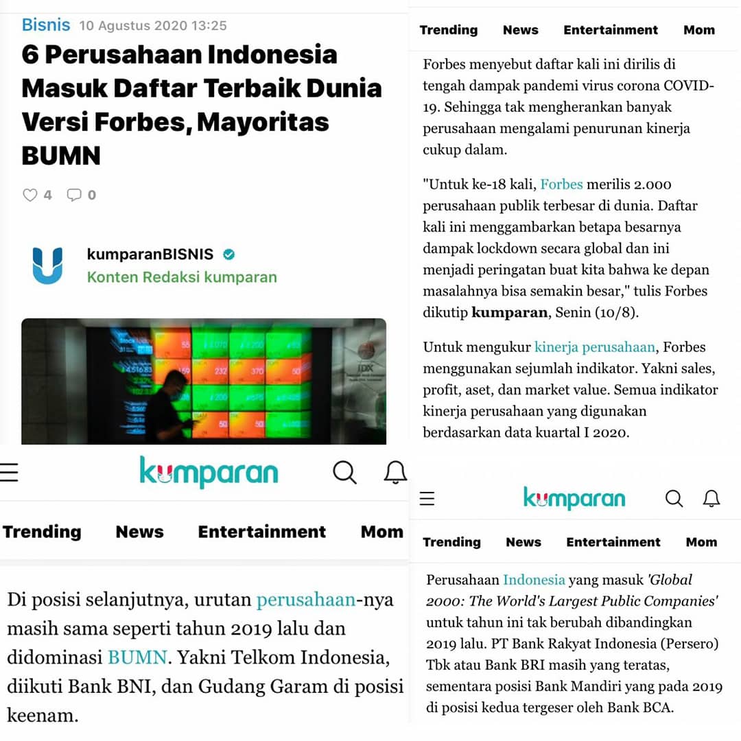 Sebagai #SobatBUMN kita turut bangga! Forbes merilis data bahwa 4 Perusahaan BUMN masuk ke dalam 6 Perusahaan RI terbaik di Dunia versi Forbes, atau yang disebut ‘Global 2000: The World’s Largest Public Companies’ tahun 2020. Indonesia bisa, Indonesia maju
 #bumnworldbestcompany