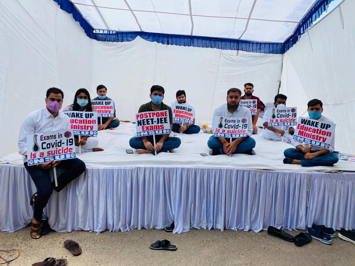 SanjayKapoorINC's tweet photo. National President of @nsui @Neerajkundan &amp; members have begun the #HungerStrikeForStudentsSafety in staunch protest against the irresponsible decision of the govt to call for exams during the pandemic.

I also urge PM to Postpone exams &amp; save our students.
#AntiStudentModiGovt https://t.co/dIVyl7BTHY