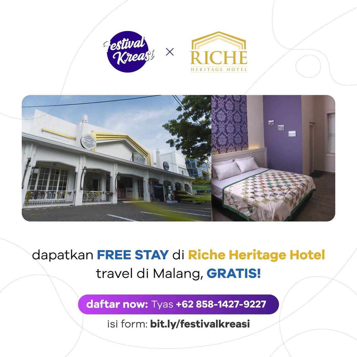 SPINProductions's tweet photo. FESTIVAL KREASI 2020 X RICHE HERITAGE HOTEL
Dapetin PROMO NGINEP GRATIS di Riche Heritage Hotel Malang! Yuk segera daftarkan diri kamu untuk kelas Festival Kreasi manapun &amp; dapatkan kesempatan buat FREE STAY! 
WA/tlp: 085814279227 (Tyas) / lgsg isi form: https://t.co/msp2G5en2z https://t.co/6duTHETb66