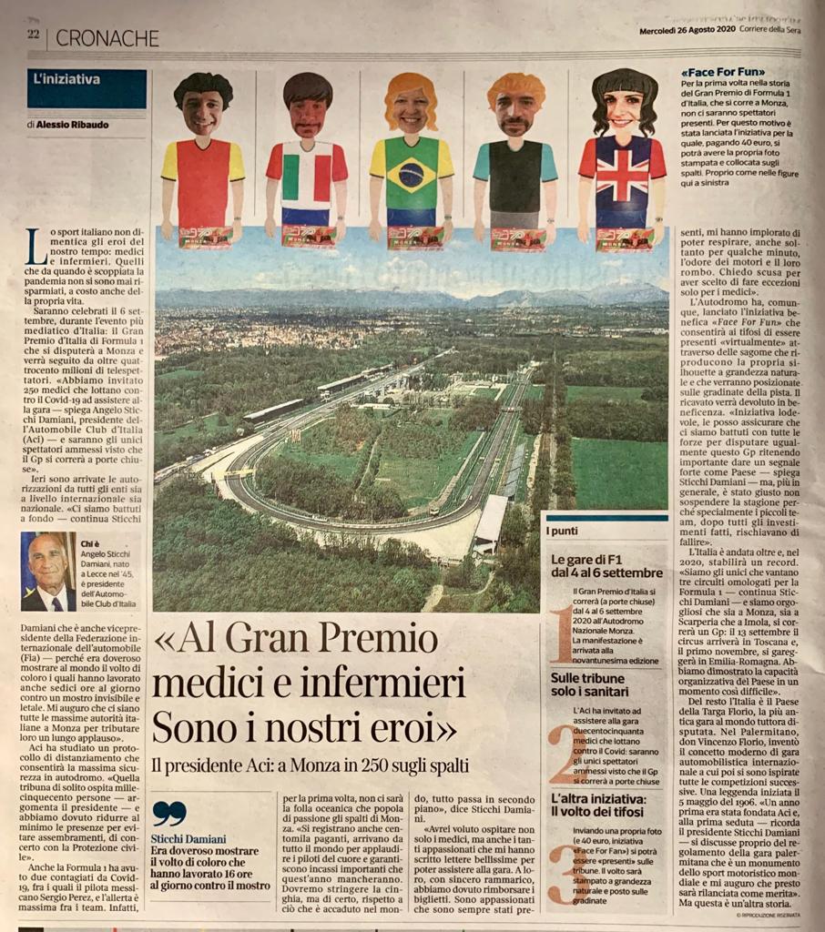 ACI_Italia's tweet photo. 'Al Gran Premio medici e infermieri, sono i nostri eroi'. Il  @PresidenteACI racconta al @Corriere le iniziative previste per il Gran Premio di @F1 che si terrà a @Autodromo_Monza i primi di Settembre Parteciperanno 250 medici che in prima linea hanno combattuto il #coronavirus https://t.co/3s08FfaBWT