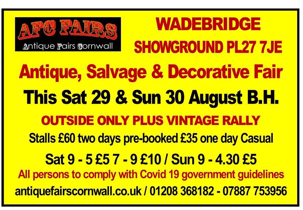 Check out the Antique, Salvage and Decorative fair coming to the <a href="/RCornwallEvents/">Royal Cornwall Event</a>  this Bank Holiday. 

Strictly outdoors and following Covid-19 guidelines. We hope to see you there!

For more info visit - antiquefairscornwall.co.uk