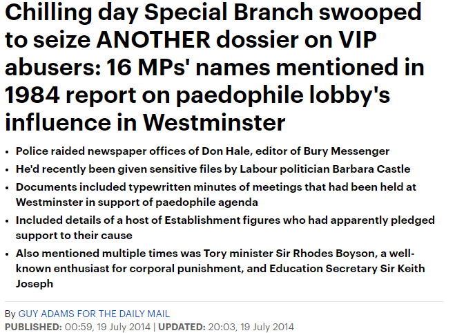 14 July 2014: The Daily Mail's  @guyadams follows up by uncritically reporting as fact an implausible story about MPs by Don Hale, who claims to have seen documentary evidence that was seized. Hale's account was later treated sceptically by the IICSA  https://barthsnotes.com/2020/02/26/iicsa-rejects-westminster-paedophile-network-claims/ 2/6