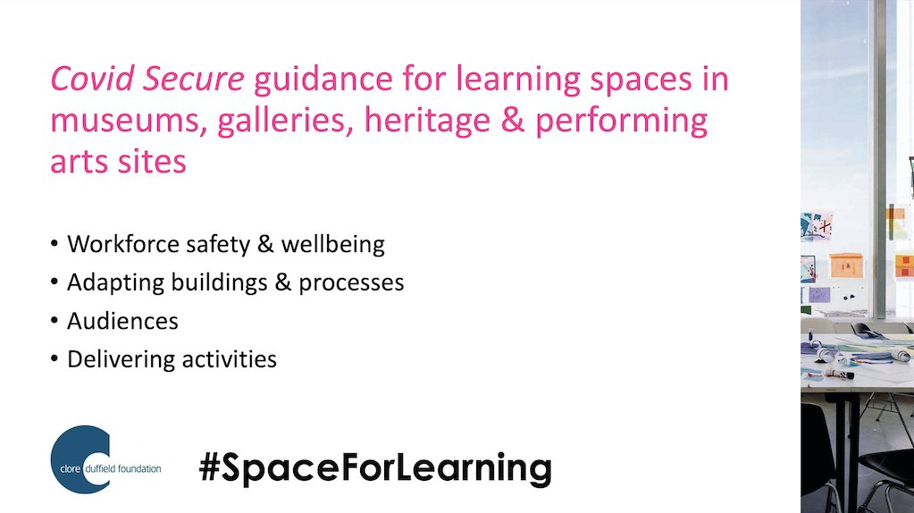 CultureLearning's tweet image. Looking for guidance on how to re-start or plan delivery of #CovidSecure arts education activities this autumn? 

See new guidance published today from #SpaceforLearning. Created by colleagues from across the UK cultural learning sector.
bit.ly/2YtGP6F