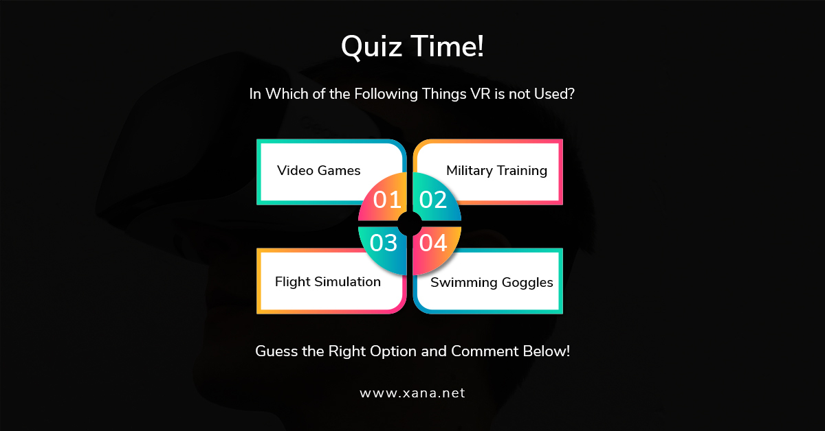 #QuizTime ❓ 'In which of the following things #VR🧐 is not used?' Guess the right #option and comment below!👇🏻 #XANA #ARVR #technology #AI #avatarcreation #vrplatforms #socialvr #virtualspace #blockchain #virtualreality #gaming #IQ #contest #puzzle #QA #riddle #contestalert