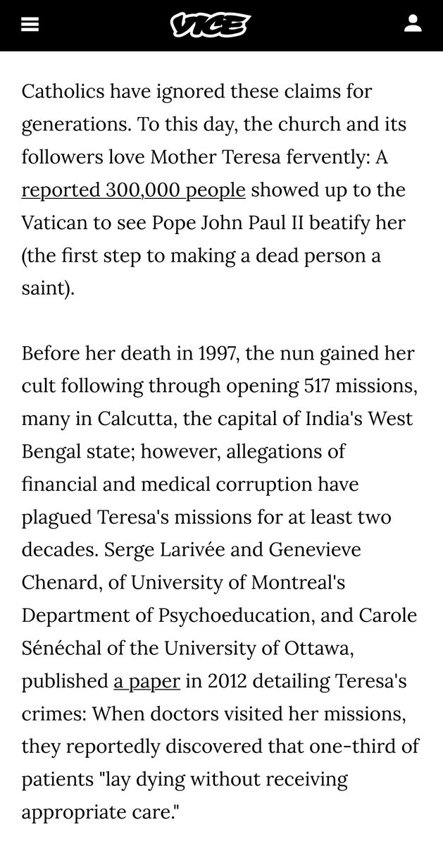 "When doctors visited her missions, they reportedly discovered that one-third of patients "lay dying without receiving appropriate care."The same paper claims that doctors found a shortage of care, food, and painkillers, although  #MotherTeresa had raised millions of dollars."