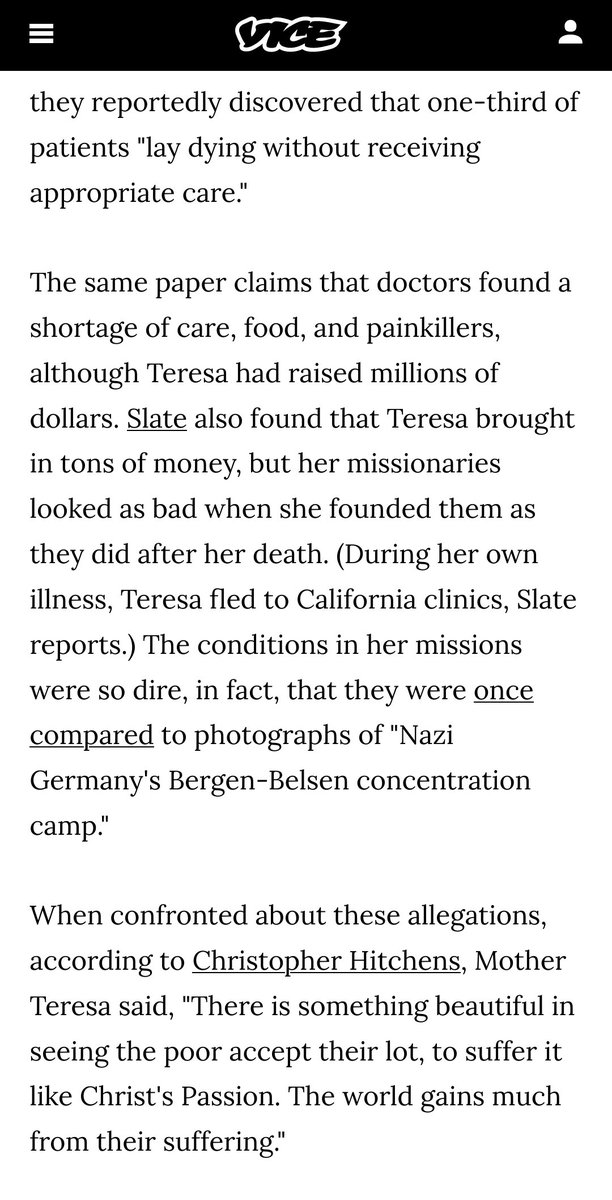 "When doctors visited her missions, they reportedly discovered that one-third of patients "lay dying without receiving appropriate care."The same paper claims that doctors found a shortage of care, food, and painkillers, although  #MotherTeresa had raised millions of dollars."