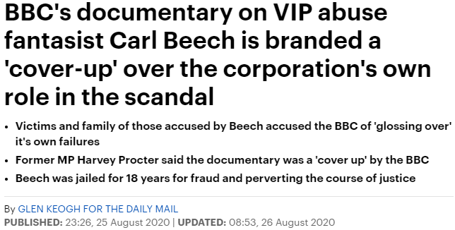 The Daily Mail turned when Proctor revealed the full extent of Carl Beech's claims, and it has led the way in exposing the farce of "Operation Midland".But while now attacking the BBC, the Mail hasn't reflected on how its own earlier reporting helped make Beech "credible" 6/6