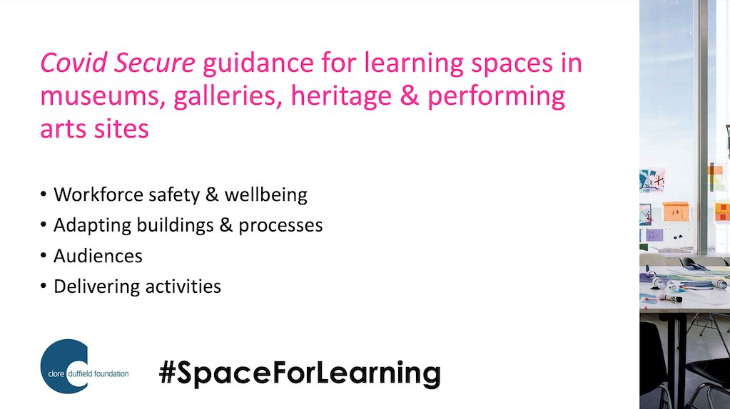 covidsitor's tweet image. New guidance from #SpaceforLearning, Clore Duffield Foundation @GEM_Heritage @engagevisualart &amp;amp; the Theatre Education Forum on how learning spaces in museums, galleries, heritage and performing arts sites can be #CovidSecure when they reopen: bit.ly/2YtGP6F