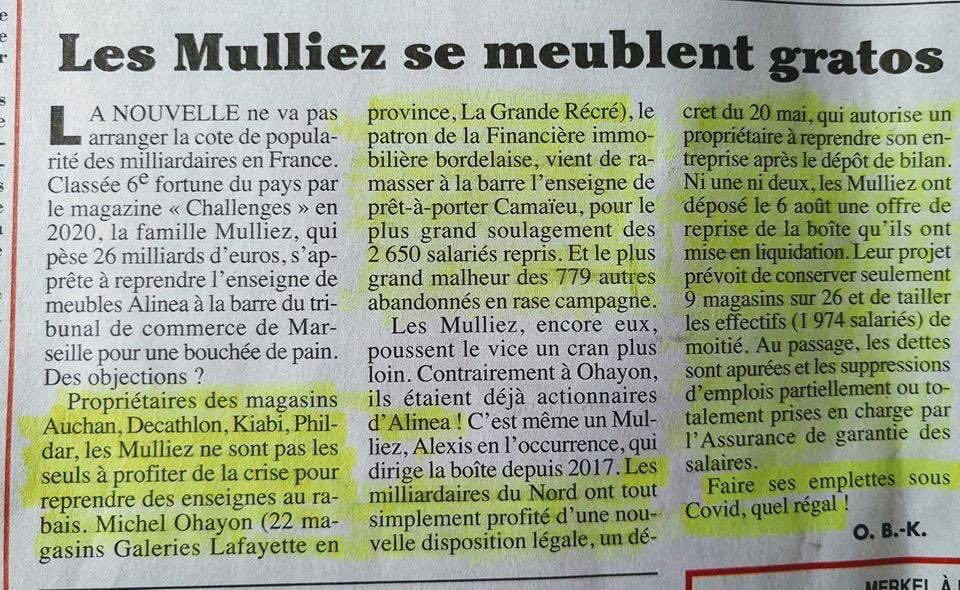 LICENCIER DEVIENT ENCORE PLUS INTÉRESSANT AVEC MACRON
La famille Mulliez, 5ème fortune de France, qui ne paye pas ses impôts, reprend son entreprise Alinéa après l'avoir liquidé peu avant. Elle a donc licencié 1 974 salariés sans frais, en ayant fait payer les salaires par une ..