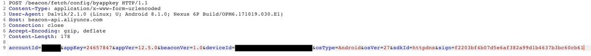 Another HTTP request to  http://beacon-api.aliyuncs.com  (Alibaba cloud communication system) with your deviceId in clear text