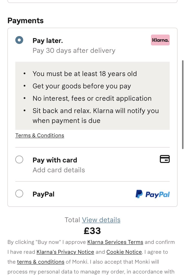 To demonstrate, I just went onto the Monki website. And look at that - Klarna as the default. I don’t know about anyone else, but I’m not sure that’s a sufficient explanation of what Klarna is or does. This is so cynical and WILL put people at serious risk of debt 