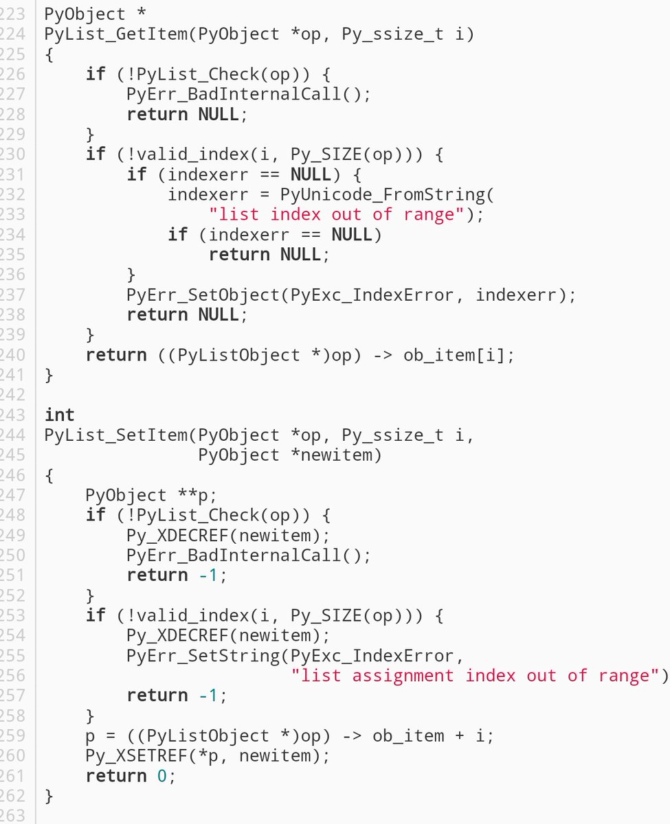 victor_iyi's tweet image. #PythonProTips Ever come across &quot;list index out of range&quot;? This is the piece of code that runs when you index a Python list.

Example:
my_list[0]  # GetItem
my_list[0] = 5 # SetItem

It helps at times to look into the source code of your language.
github.com/python/cpython…